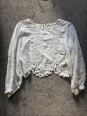 Free People White Embroidered Scallop Hem Peasant Blouse